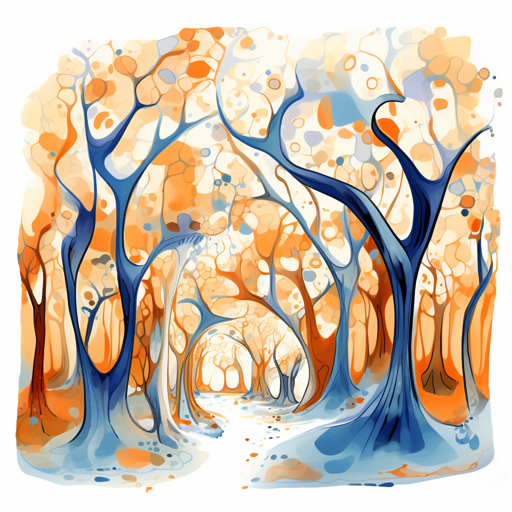 An abstract illustration of a forest grove, with a stream running through it.
