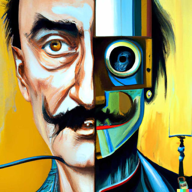 Illustration of a face that is half Salvador Dali and half robot.